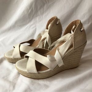 Torrid Espadrilles Extra Wide Tie Wrap Up Raffia Canvas Sandals Ivory High Heel